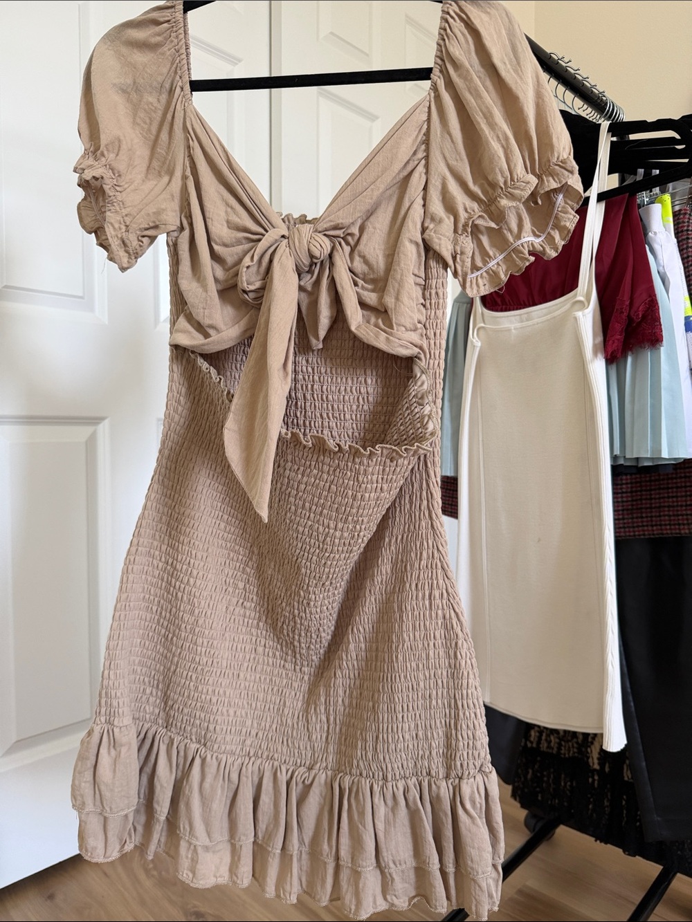 Taupe Tie-Front Shirred Midi Dress